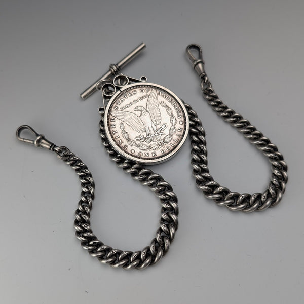1921 British Antique Sterling Silver Morgan Dollar Fob with Extra Thick Double Albert Chain, 95g, Henry Pope